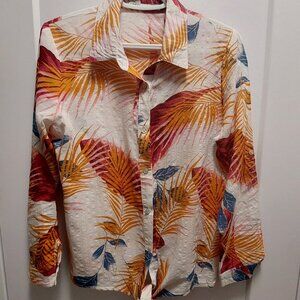COCO & tashi Women's Palm Leaf Print Button Down L/Sleeves Blouse Tie Front S/P